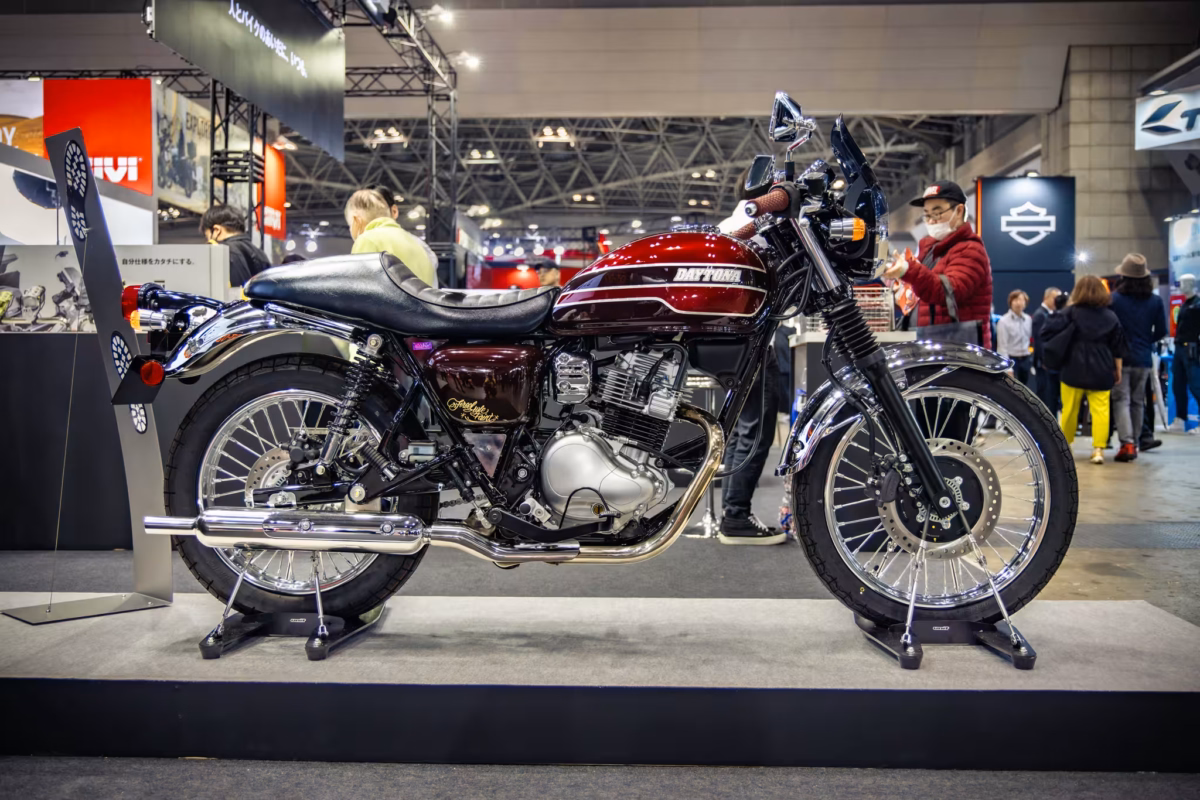A red Daytona motorcycle at Tokyo Motorcycle Show 2025