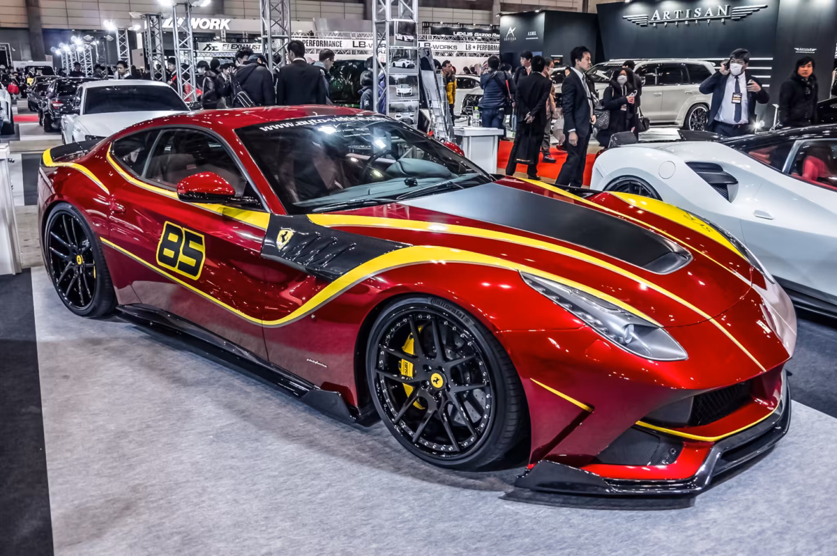 A Ferrari F12 at a Japanese car show.