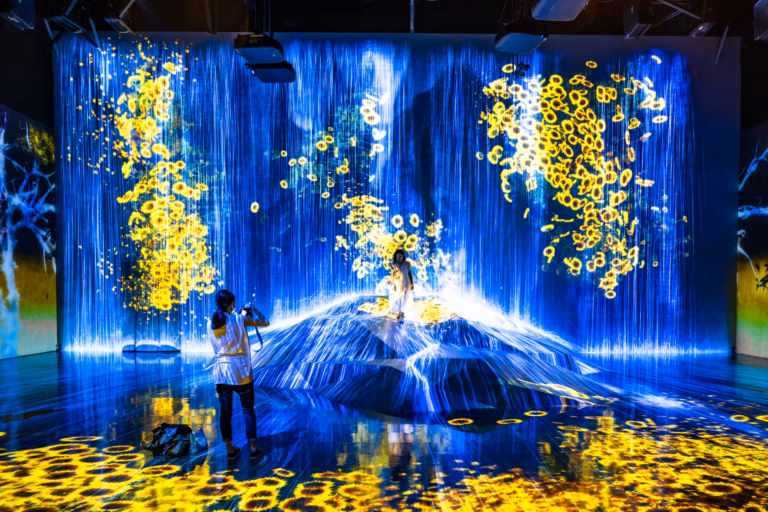 A woman photographs a woman against a digitally created scene of yellow flowers against a blue waterfall.