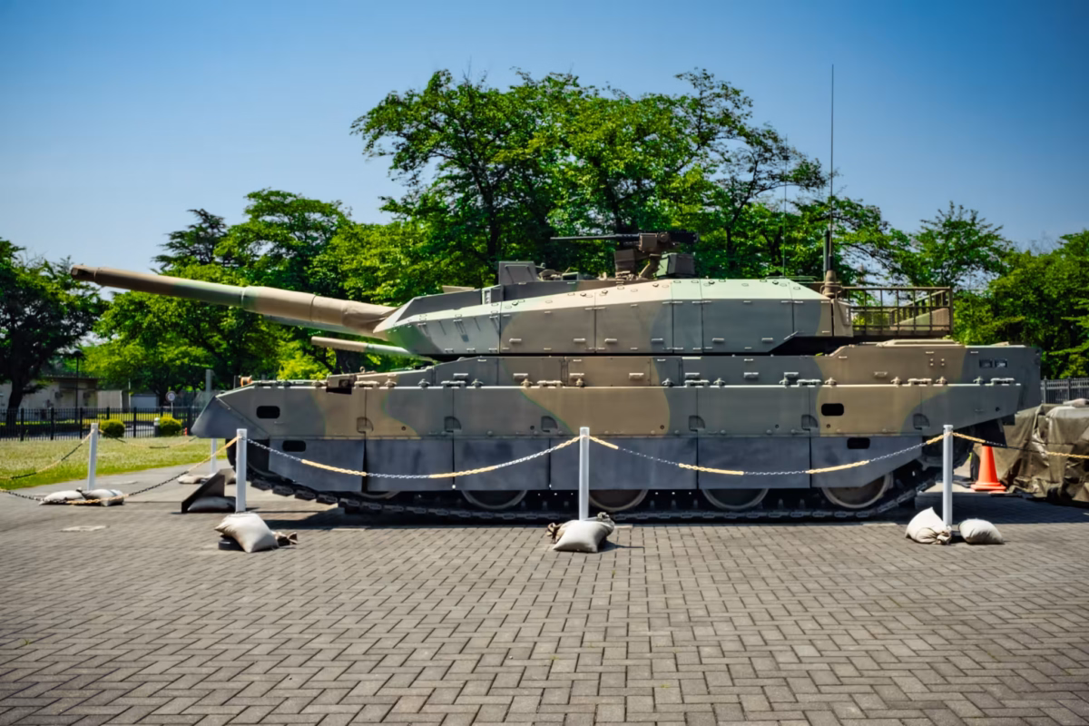 A Type 10 MBT tanks sits outside at JGSDF Public Information Center.