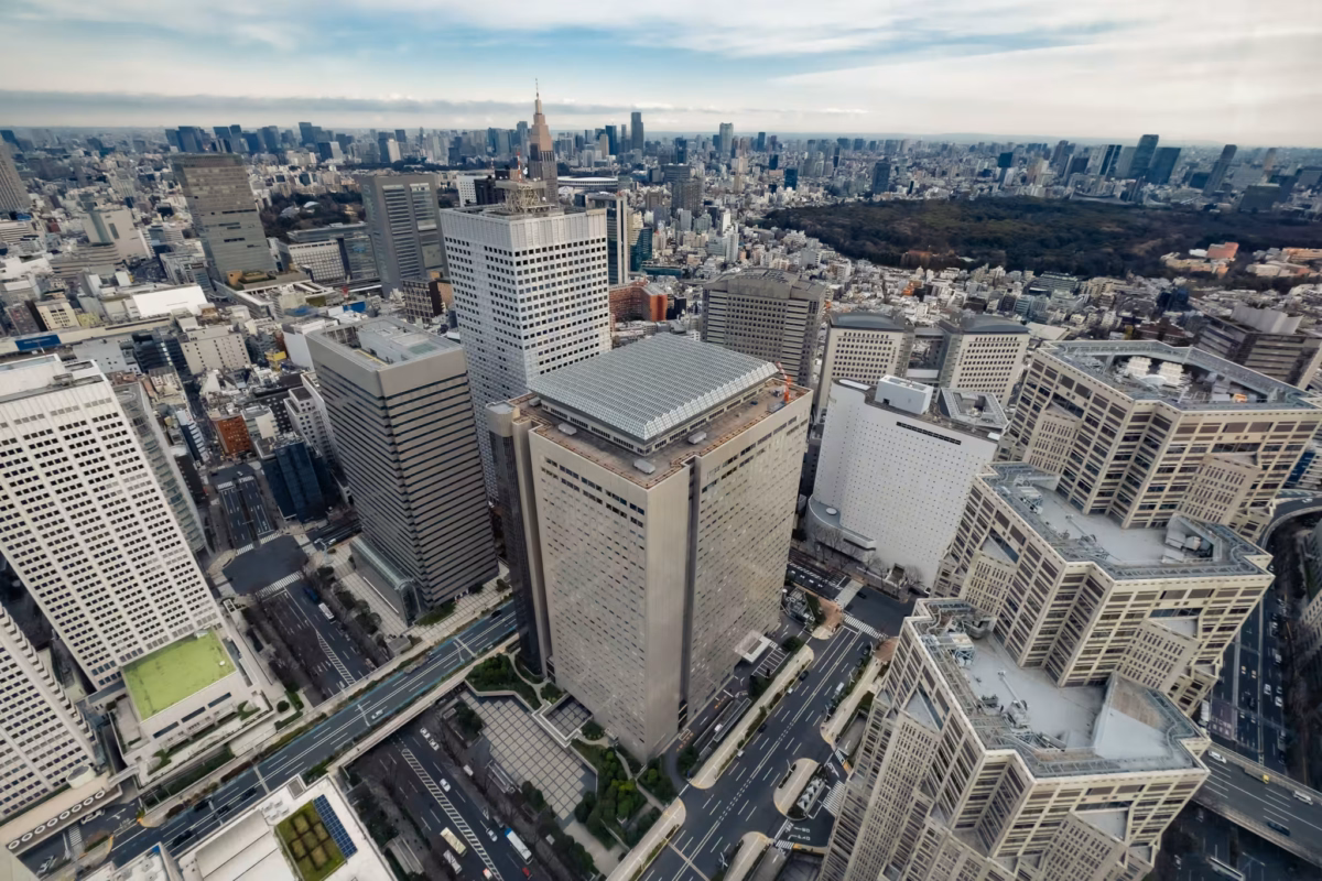 Looking down on a cluster of skyscrapers.