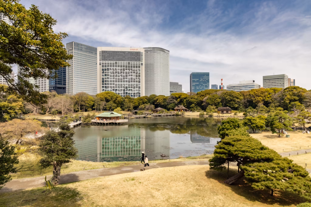 Skyscrapers look down on people as they walk around a pond with a teahouse