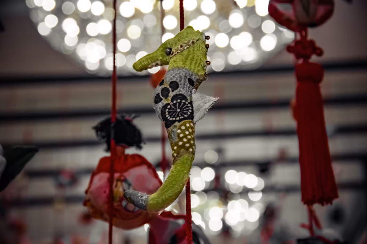 A seahorse Hina doll tied to a string.