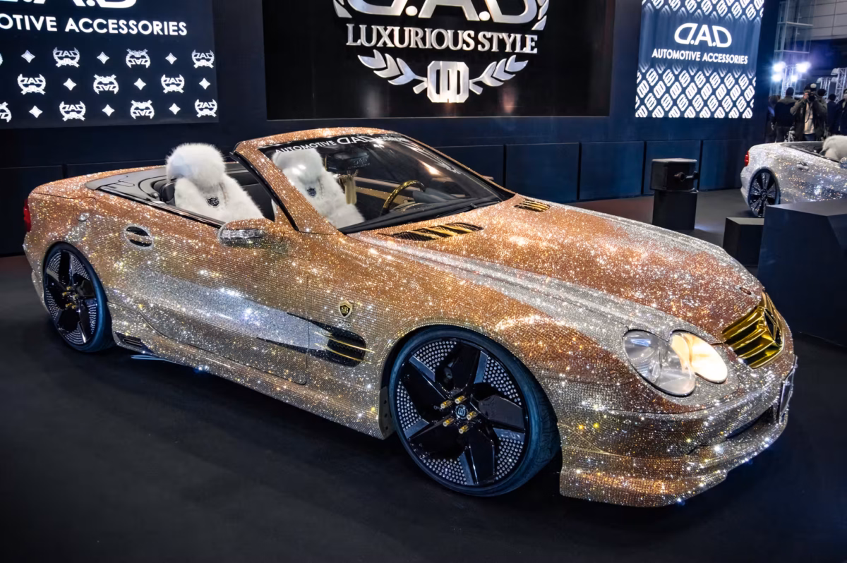 A Mercedes coupe covered with Swarovski crystals at Tokyo Auto Salon 2017.