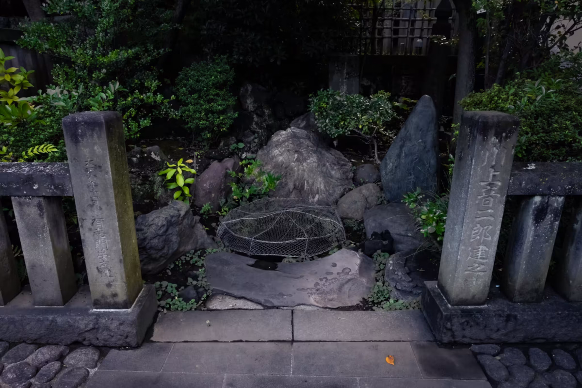 A well covered by a metal mesh among rocks.