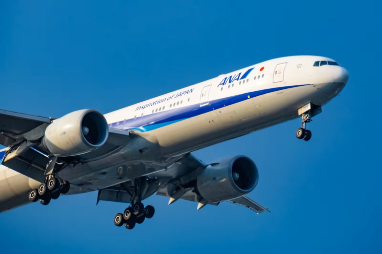 ANA Boeing 777 flying in a clear blue sky with its landing gear deployed.