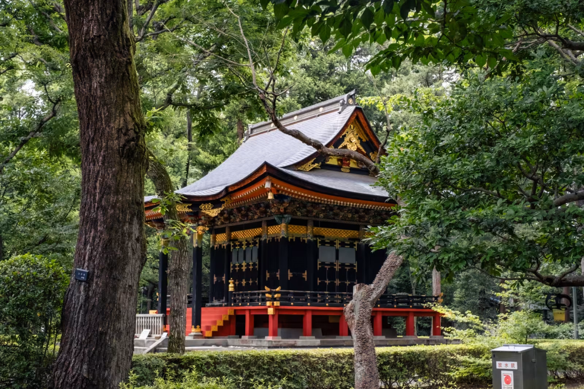 Ornate black and gold Japanese shrine on a red platform, nestled in a lush green forest at Edo-Tokyo Open Air Architectural Museum.