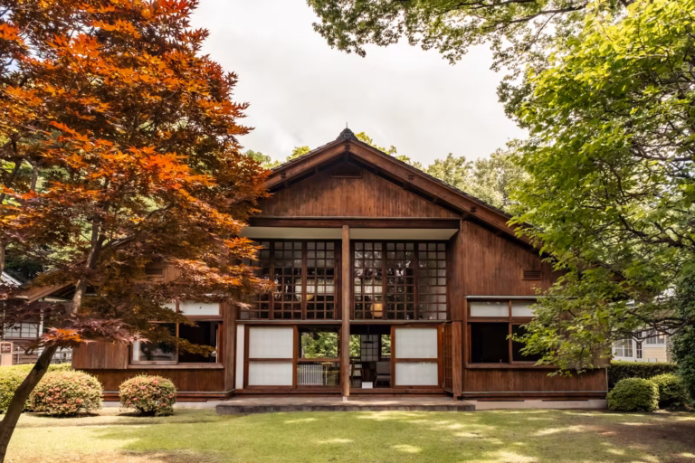 Traditional wooden Japanese house with large grid windows, framed by a vibrant orange maple and lush green garden.
