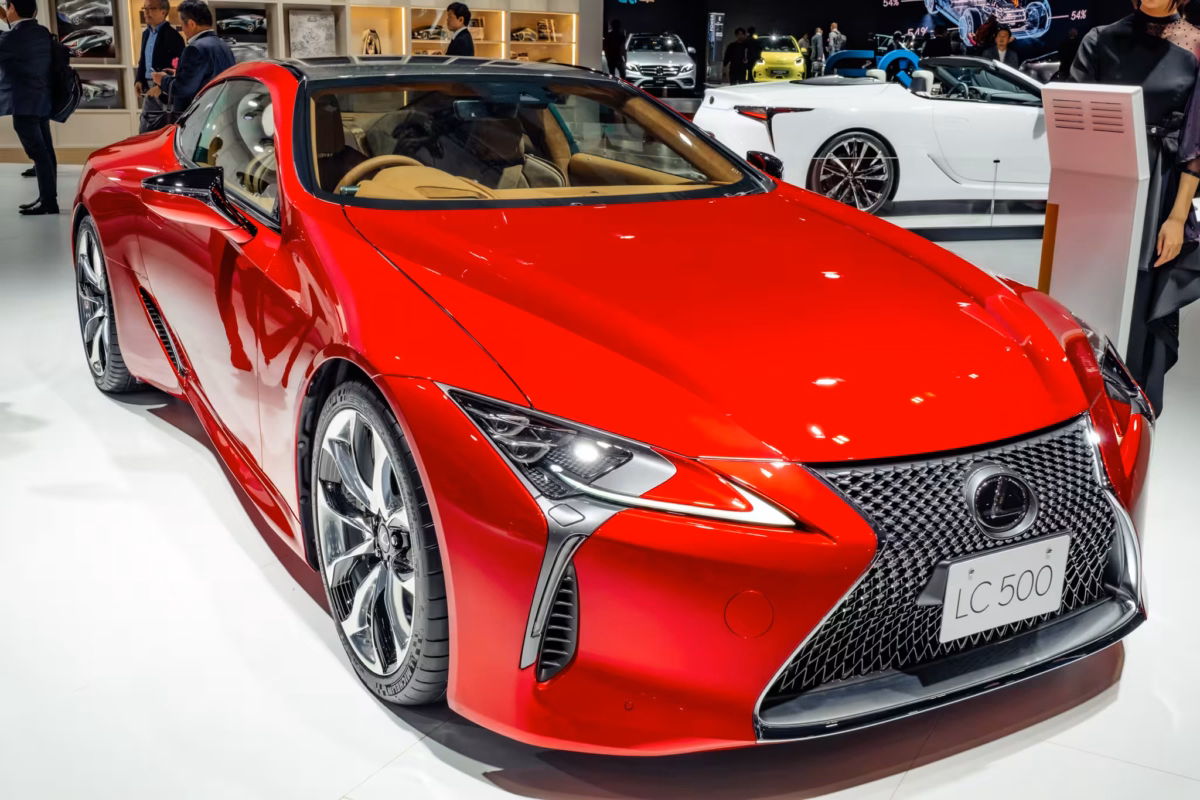 A red Lexus LC500 at Tokyo Motor Show 2019.