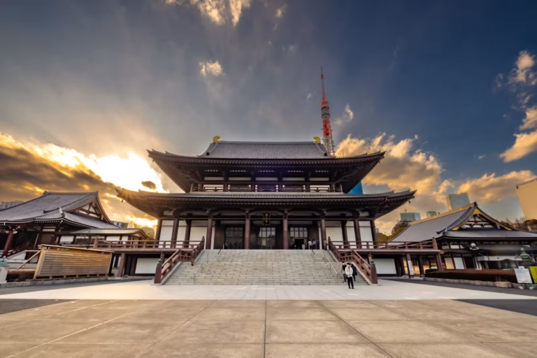A person in a courtyard stands before Zojoji Temple and Tokyo at sunset on a partially cloudy day.