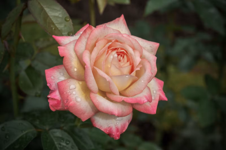 Close-up of a bicolor rose with creamy yellow petals and pink edges, glistening with fresh water droplets.