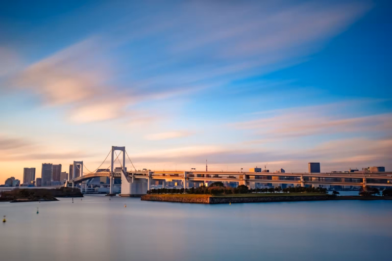 Long exposure of Tokyo’s Rainbow Bridge at sunset, with clouds and water smoothed by a 15-stop ND filter.