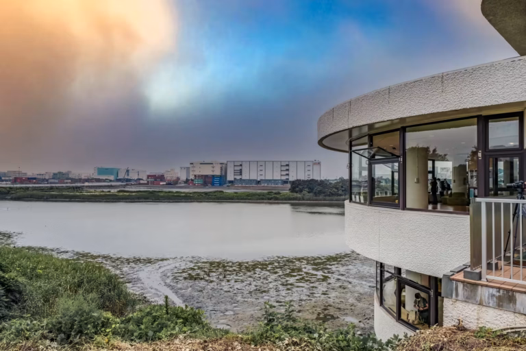 Observation center at Tokyo Port Wild Bird Park overlooks wetlands and industrial sites under a dramatic, tinted sky.