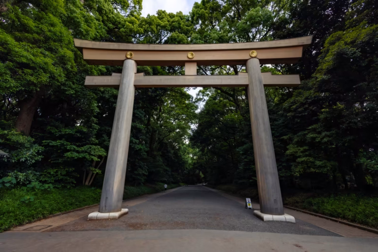 Towering wooden torii gate at Meiji Shrine, framed by lush green forest and a wide gravel path.