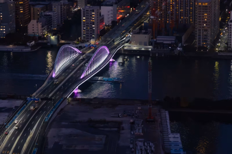 Night aerial view of Tsukiji Ohashi Bridge's purple lit arches from the Caretta Shiodome Sky View.