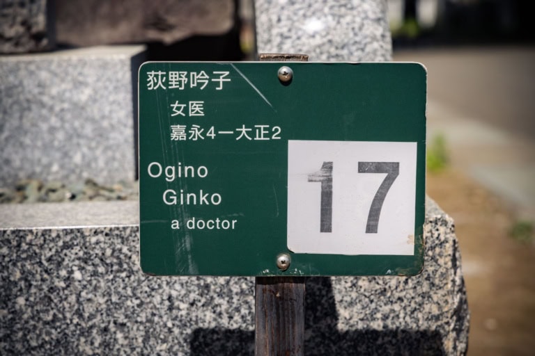 Close-up of a green cemetery sign for Ginko Ogino, identifying her as a doctor with the number 17.