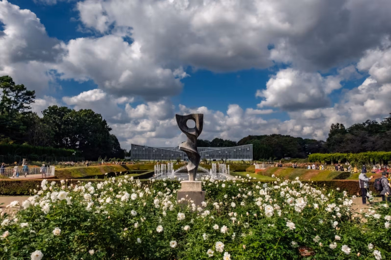 White roses frame a sculpture and fountains at Jindai Botanical Gardens Rose Festival 2020 under a sunny, cloudy sky.