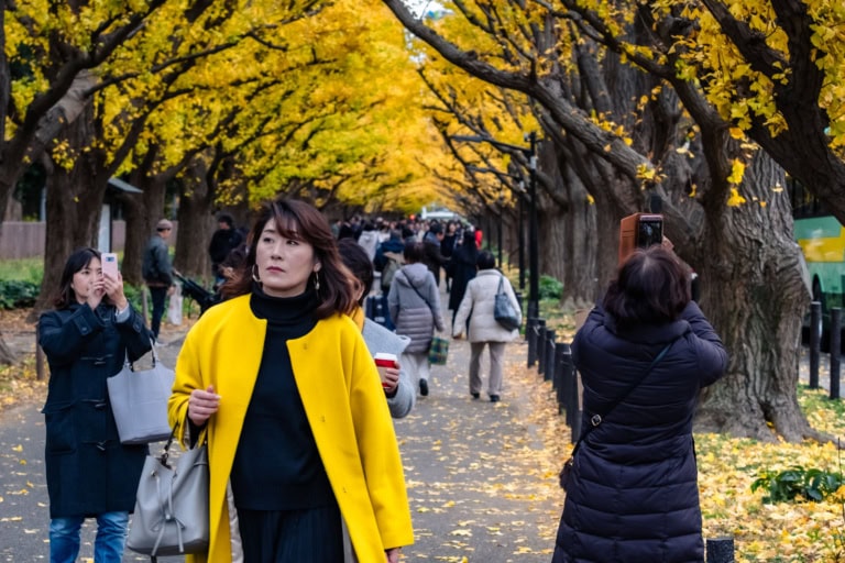 People walk under golden autumn leaves at Meiji Jingu Gaien Ginkgo Avenue, featuring a woman in a yellow coat.