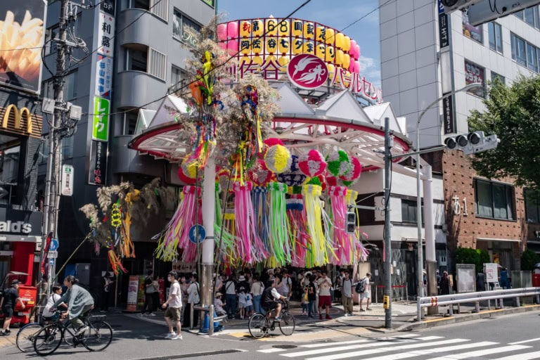 Large streamers decorate the entrance to Pearl Center for the Asagaya Tanabata Festival 2024 in Tokyo.