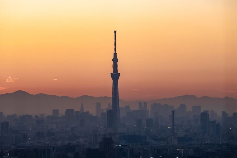Tokyo Skytree silhouetted against a sunset sky from the I-Link Town Tower observation deck, with mountains in the background.
