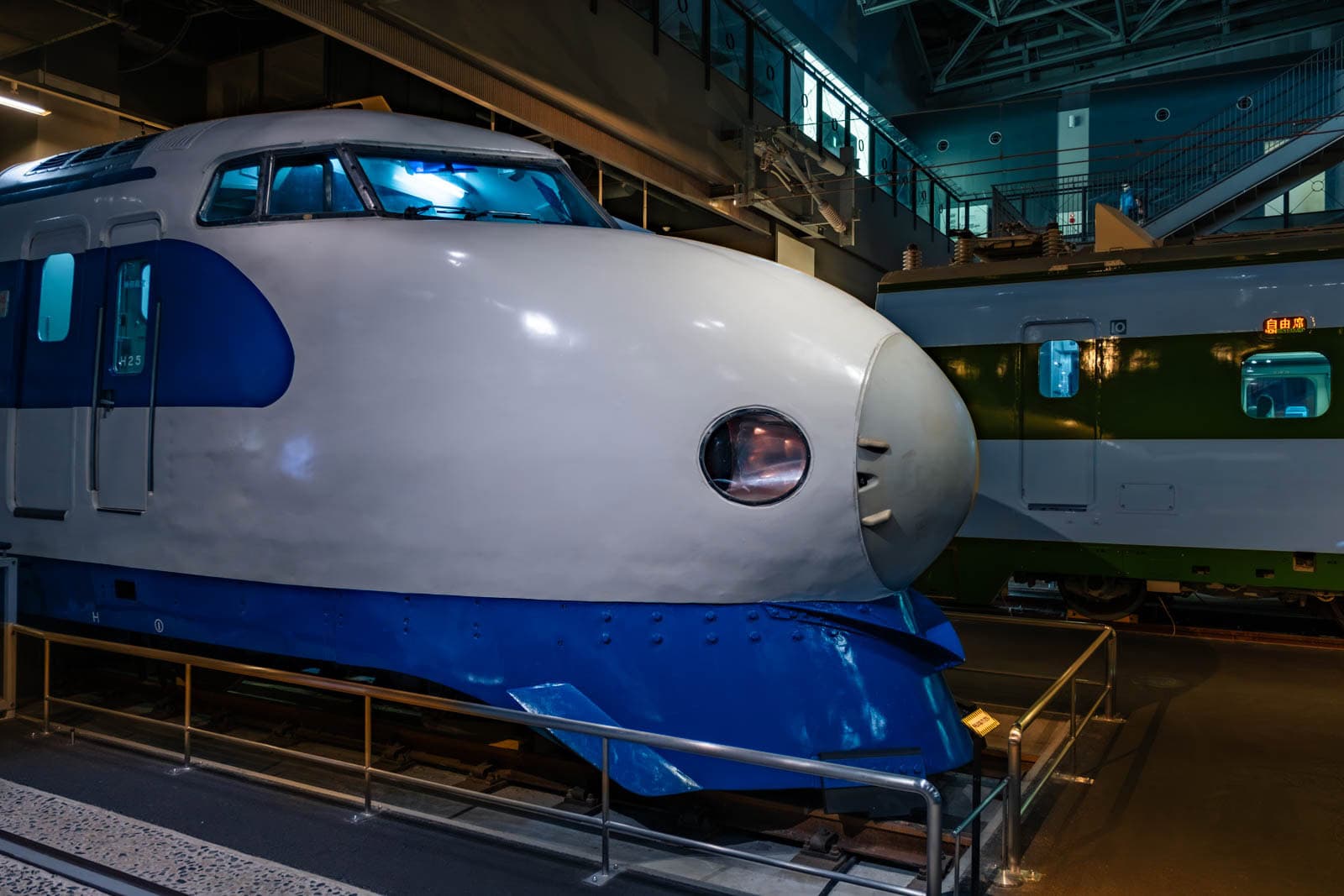 White and blue Shinkansen bullet train on display indoors behind a metal railing.