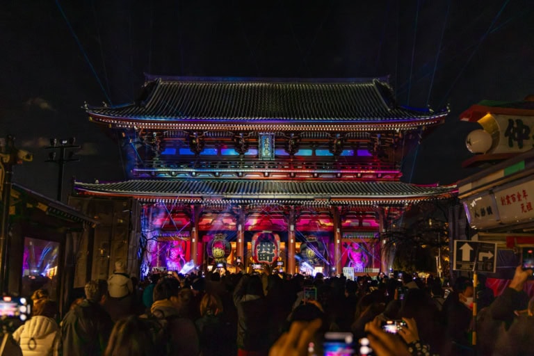 Hozomon Gate projection mapping event at night, Sensoji Temple in Taito City.