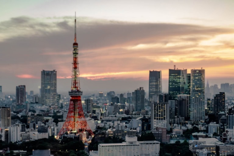 The Tokyo Tower skyline view at sunset from Seaside Top Observatory.